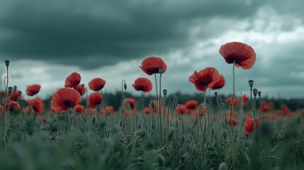 Fototapeta premium Poppy Field Under a Cloudy Sky