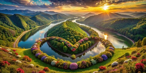 Fototapeta premium Aerial View of Intertwined Hearts Over a Scenic Landscape Symbolizing Resilience and Unwavering Love
