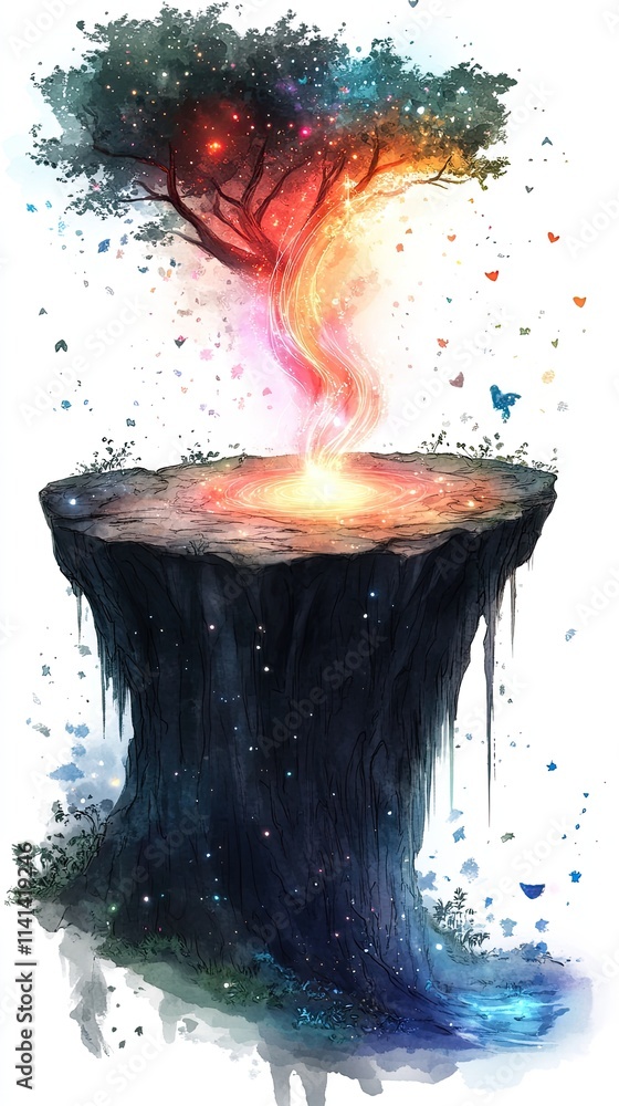 Poster a mystical tree grows from a floating rock platform, with glowing light and butterflies swirling aro