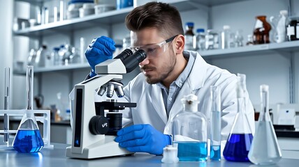 Fototapeta premium 3d Scientist conducting experiment with microscope and flasks. Chemical research, laboratory analysis, scientific discovery, innovation in healthcare and medicine