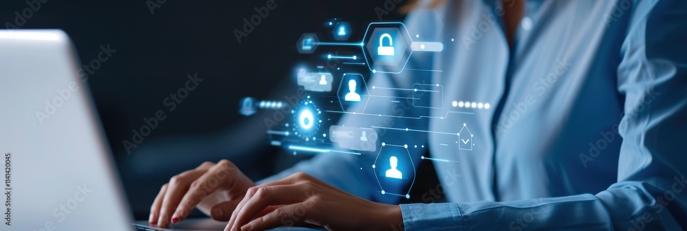Poster a person is typing on a laptop with digital security icons and data visuals, emphasizing technology 