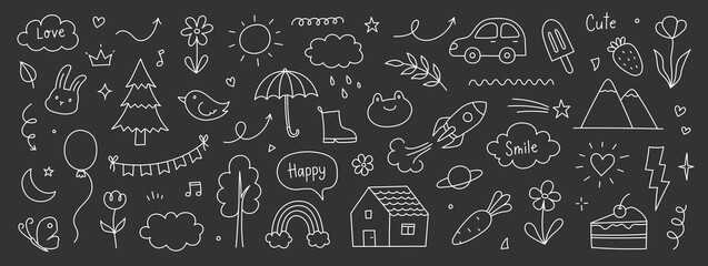 Cute kid background line tree, cloud, flower chalk icon. Hand drawn doodle sketch kid art element pattern. Flower, animal, cloud children draw style design element chalkboard. Vector illustration