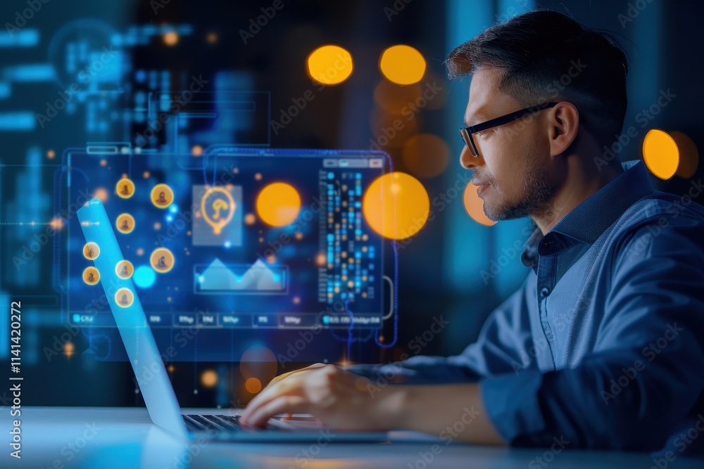 Poster a focused professional analyzes data on a laptop, surrounded by digital graphs and visualizations in
