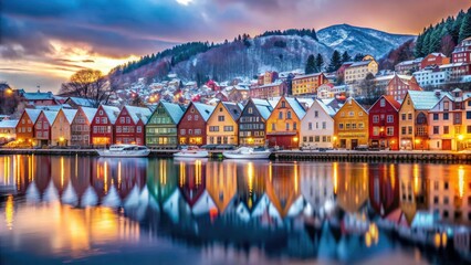Obraz premium Bergen Waterfront Cityscape: Colorful Bryggen Houses in Winter Snow, Low Light Photography of Picturesque Wharf