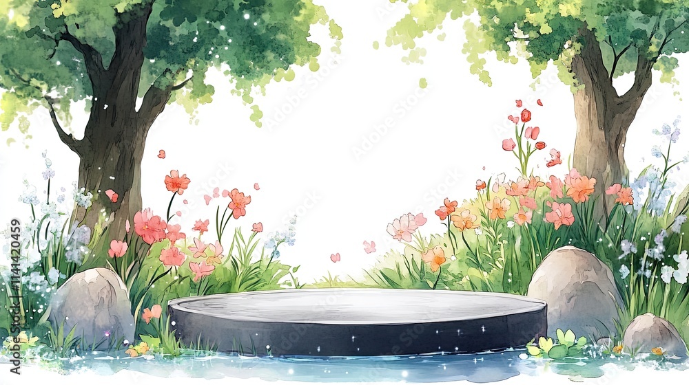 Poster a round stone platform surrounded by flowers and trees in a forest setting.