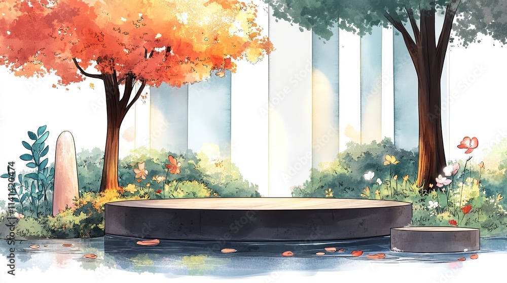 Poster a round stone platform sits in a mystical garden with fallen leaves and flowers, surrounded by trees