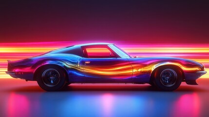 Neon-lit classic car, vibrant streaks, fast motion.