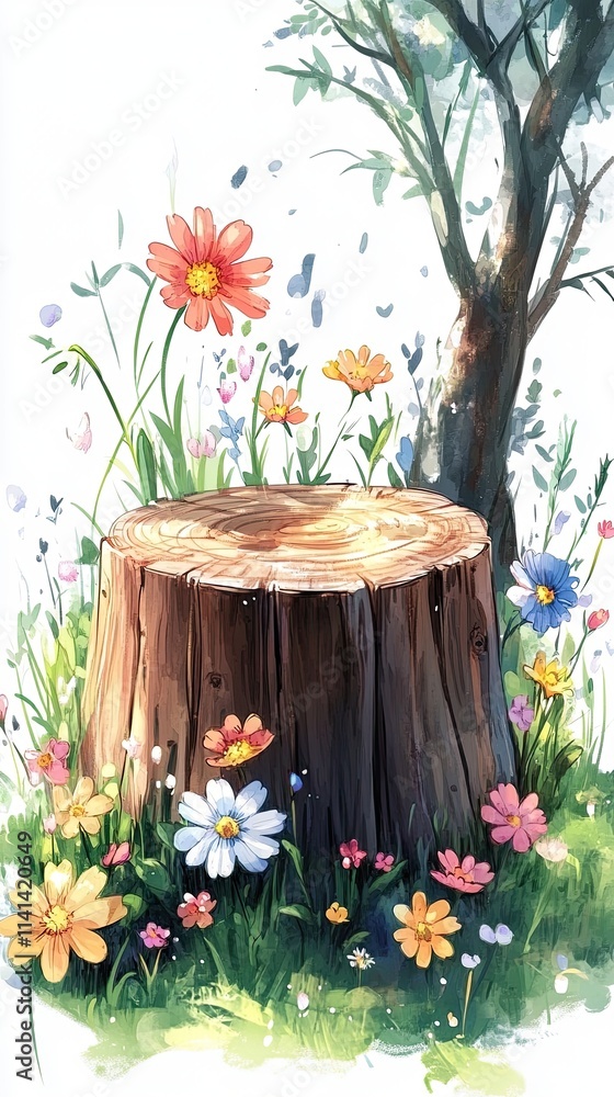 Poster a rustic tree stump surrounded by a vibrant array of colorful wildflowers with a tree branch overhea