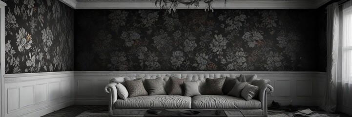 Peeling wallpaper in a darkened room of a black and white house, cracked ceiling tiles, dusty furniture