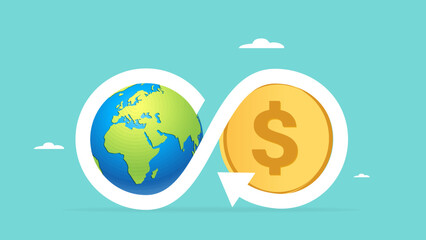 globe and gold coin with circular economy, business with environmental care and sustainable waste management, circular economy for future growth of business, procedure to reuse and renewable material