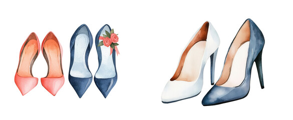 Elegant wedding shoes for bride and groom in watercolor style, isolated on transparent background.