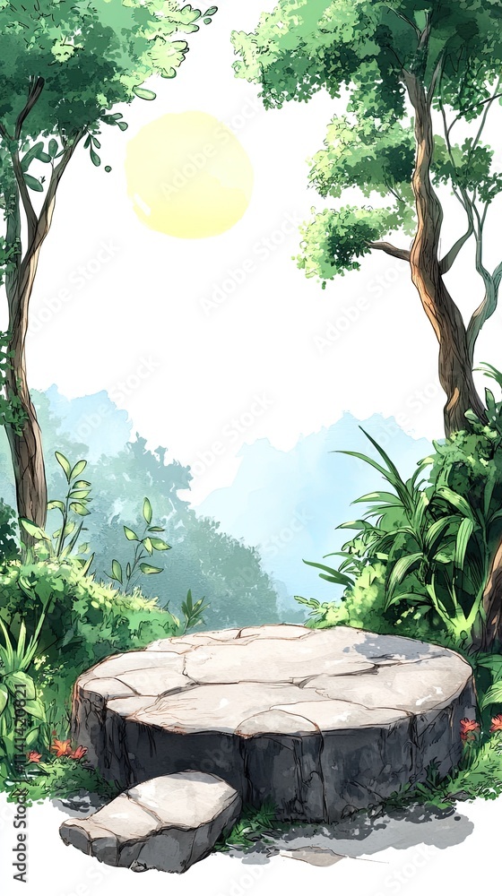 Poster a scenic view of a tree stump in a forest setting with a sun shining through the trees, creating a t