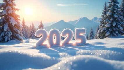 Serene winter landscape with '2025' written in snow, surrounded by pine trees and falling snowflakes, symbolizing new beginnings and the beauty of the season.