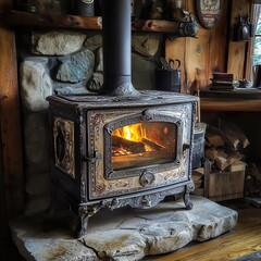 Rustic Wood Burning Fireplace in Cozy Cabin Interior