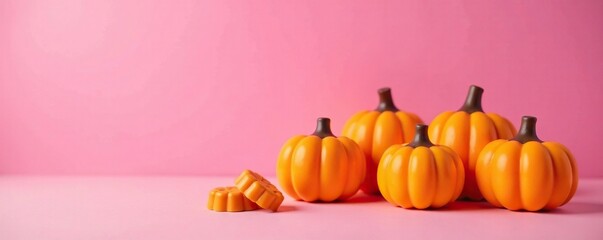 Pink background with four orange chocolate pumpkin lanterns and candy, candy, sweet, pink background