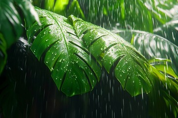 Lush Green Leaves with Rain Droplets