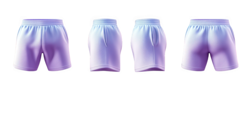 a set of four views of purple and blue athletic shorts. front. back. and side views. isolated on a transparent background