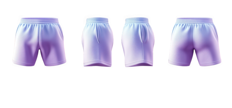 a set of four views of purple and blue athletic shorts. front. back. and side views. isolated on a transparent background