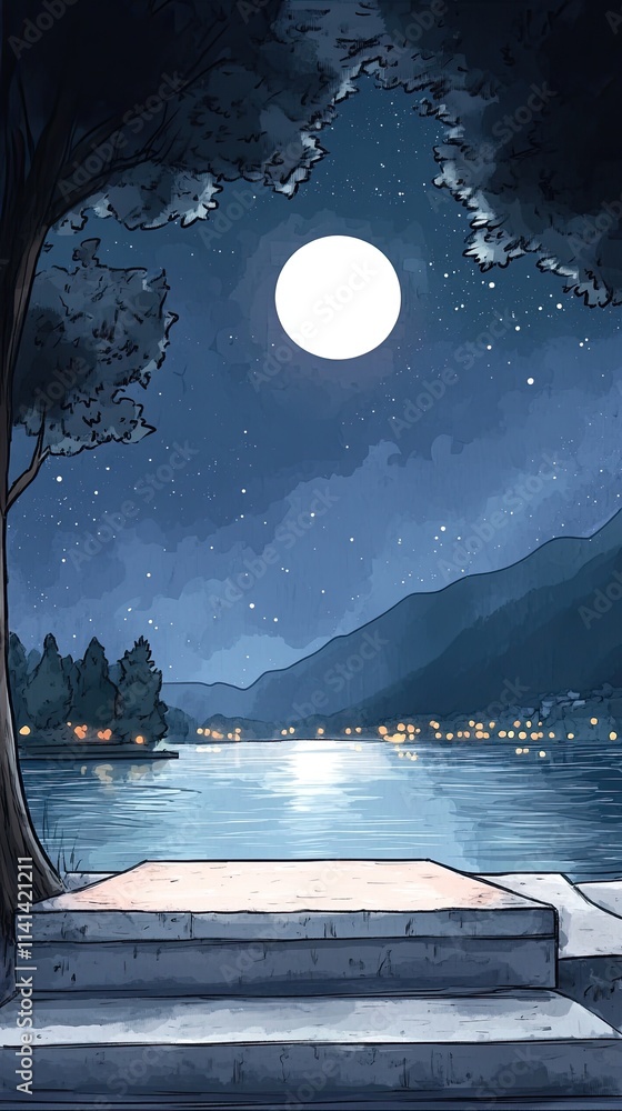 Poster a serene night scene featuring a full moon shining over a still lake with a mountain range in the ba