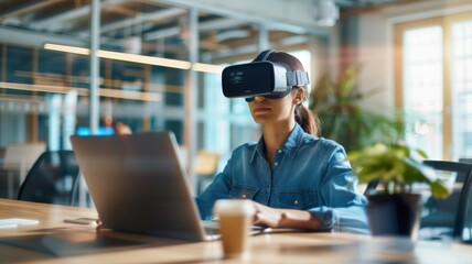 A woman using a virtual reality headset while working on a laptop in a modern office space.