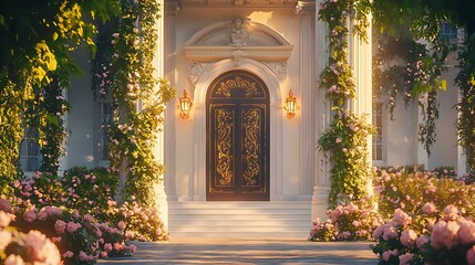 Fototapeta premium Sunlit mansion entrance with ornate double doors and climbing roses.