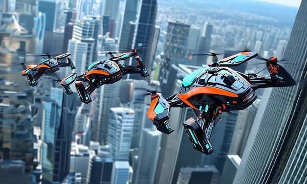 Futuristic drones flying over a cityscape