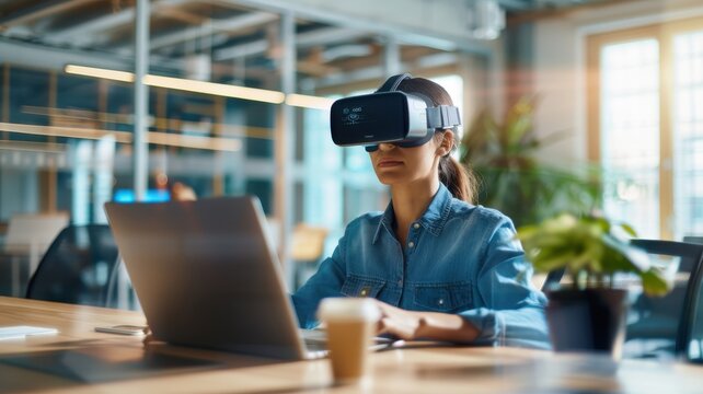 A woman using a virtual reality headset while working on a laptop in a modern office space.