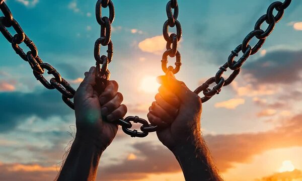 Hands breaking chains against a sunset backdrop