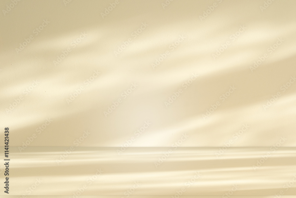 Poster wall interior background, studio and backdrops show products. with leaf shadow from window color bei