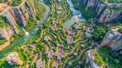 Fototapeta premium Aerial View of a Lush Landscape with Winding Waterways and Rock Formations