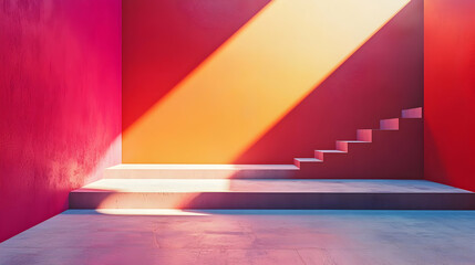 Sunlit Steps in Pink Room, Modern Minimalist Architecture Design