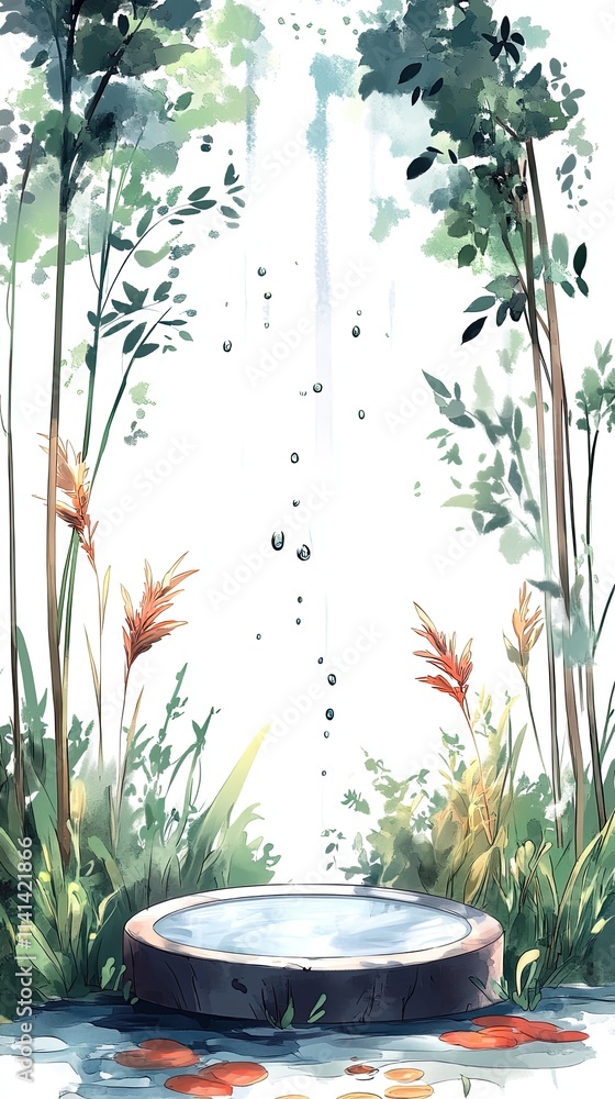 Poster a small circular pool of water in a lush green forest with a waterfall in the background, creating a
