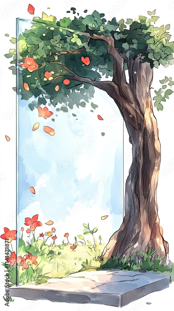 Poster a single tree with green leaves and red flowers falling from its branches stands in front of a windo