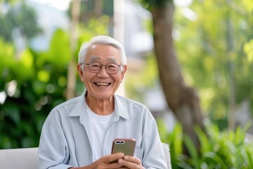 Obraz premium A smiling elderly man sitting outdoors with a smartphone, surrounded by greenery, portraying a joyful and connected lifestyle.