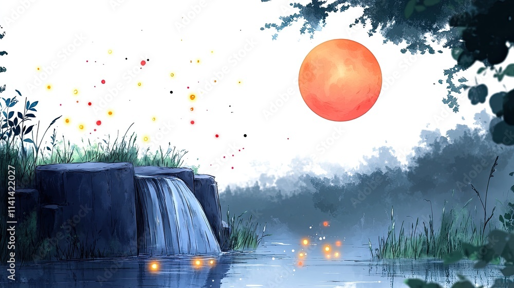 Poster a small waterfall flows into a lake with a large, red moon in the background. floating fireflies lig
