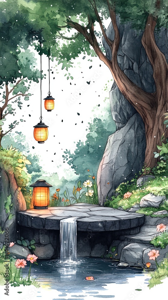 Poster a small waterfall flows into a pool of water, surrounded by lush greenery, rocks, and lit by lantern