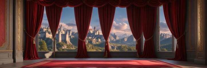 Red velvet curtains with a majestic castle panorama, entrance, archway