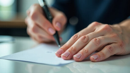 Male hands writing on blank sheet of paper with pen, focusing on the fingers with perfect manicure. Concept of note-taking, planning, creativity. Man signing important documents