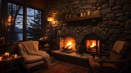 Cozy Winter Cabin: Indoor Warmth contrasted with Outdoor Chill, Featuring Stone Fireplace