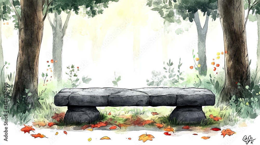 Poster a stone bench in a forest setting with fallen leaves, surrounded by trees and green bushes.