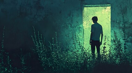 Fototapeta premium Man in an Overgrown Doorway: A Surreal Journey