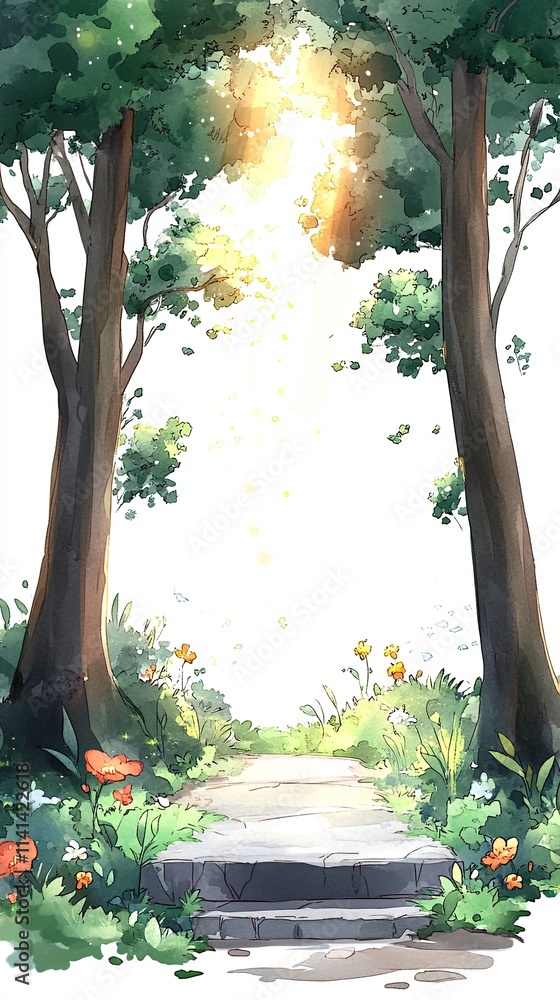 Poster a stone path leads into a sunlit forest, framed by two trees. sunlight filters through the leaves, c
