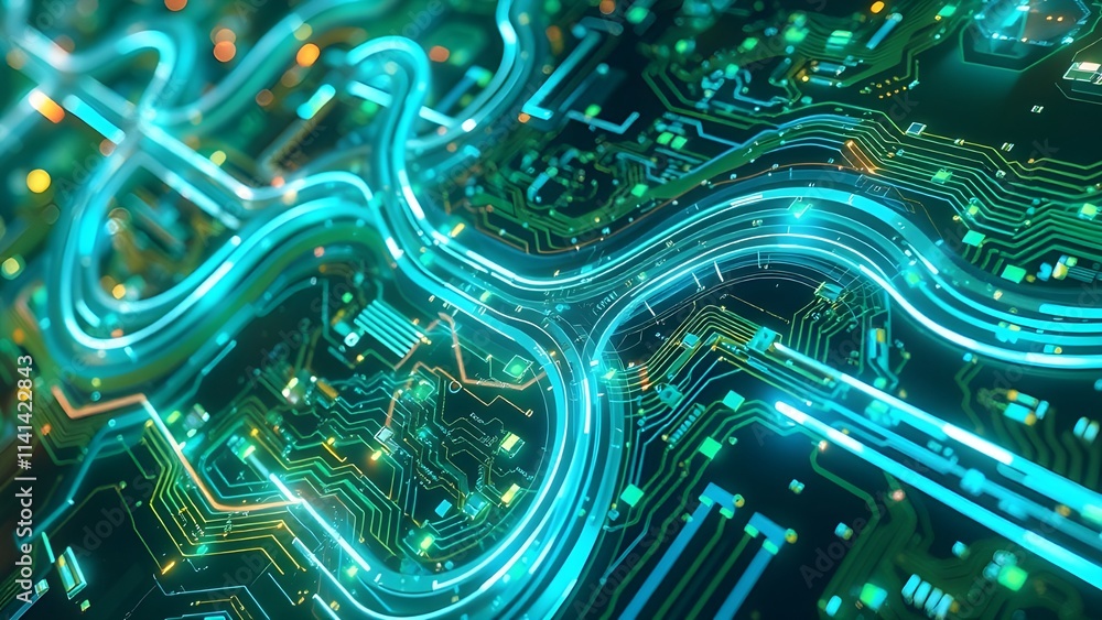 Poster abstract blue background with glowing lines and digital circuit patterns representing technology and