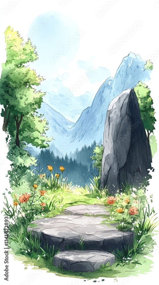 Poster a stone path leads up to a large boulder in a lush green forest with a mountain range in the distanc