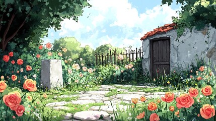 Obraz premium A stone path leads to a small building with a wooden door surrounded by blooming roses, a rustic fence, and green trees under a blue sky.
