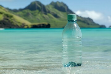 Plastic Bottle in Clear Ocean Water with Mountains