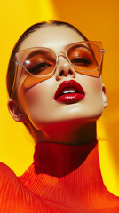 woman wearing orange stylish sunglasses standing in front of bright yellow background fashion photography social media post vertical mobile marketing branding backdrop bold colors luxury model