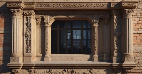 Obraz premium Roman window with ornate moldings and carvings, pediment, carvings, moldings