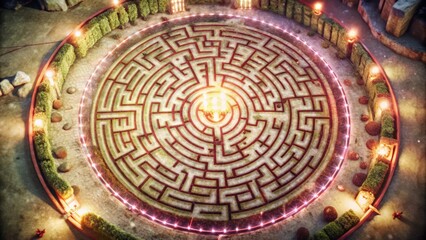 Fototapeta premium Aerial View of a Circular Maze Illuminated by Lights