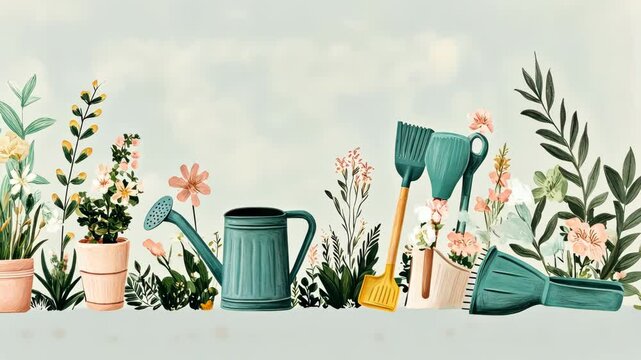 A garden scene with a variety of plants and tools, including a watering can